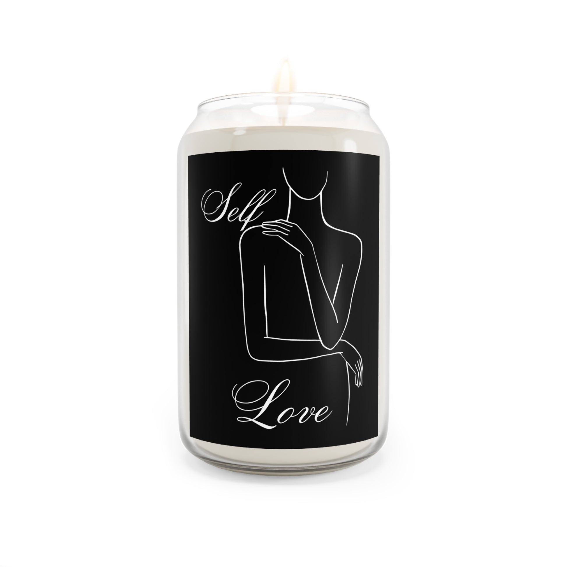 Candle with 'Self Love' design on a black background