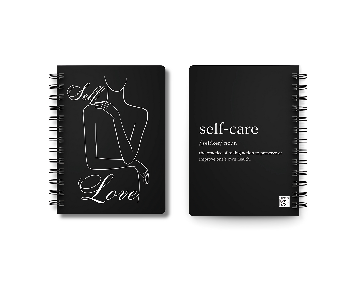 Self-care and self-love themed notebooks with elegant black covers and white sketches