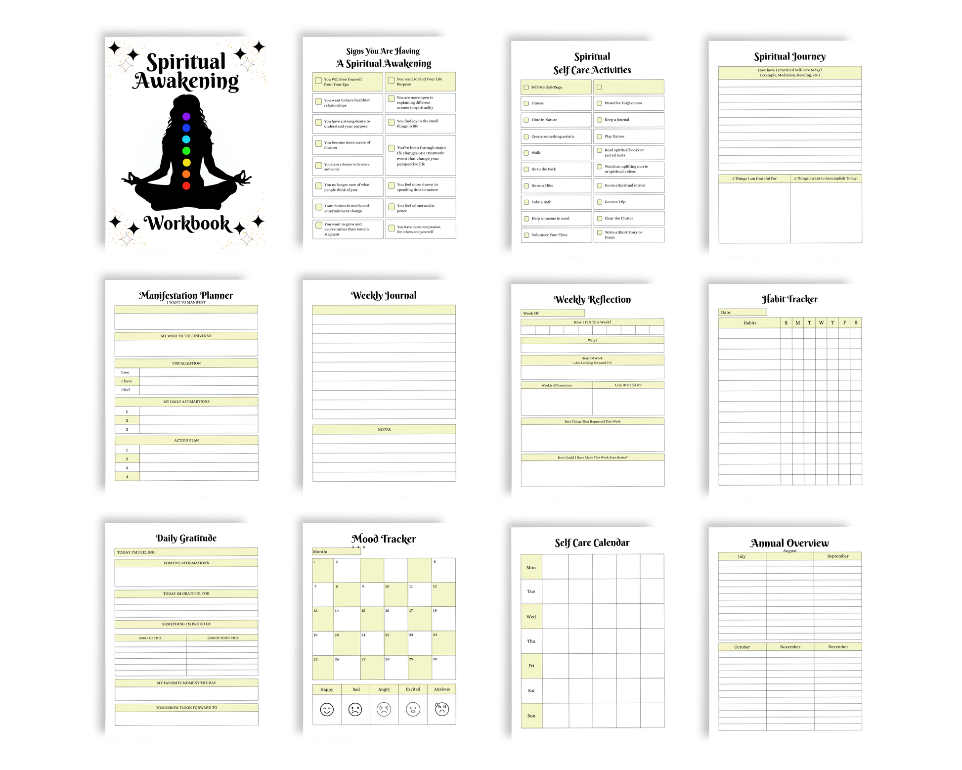 Pages from a 'Spiritual Awakening Workbook' with various sections on a white background.