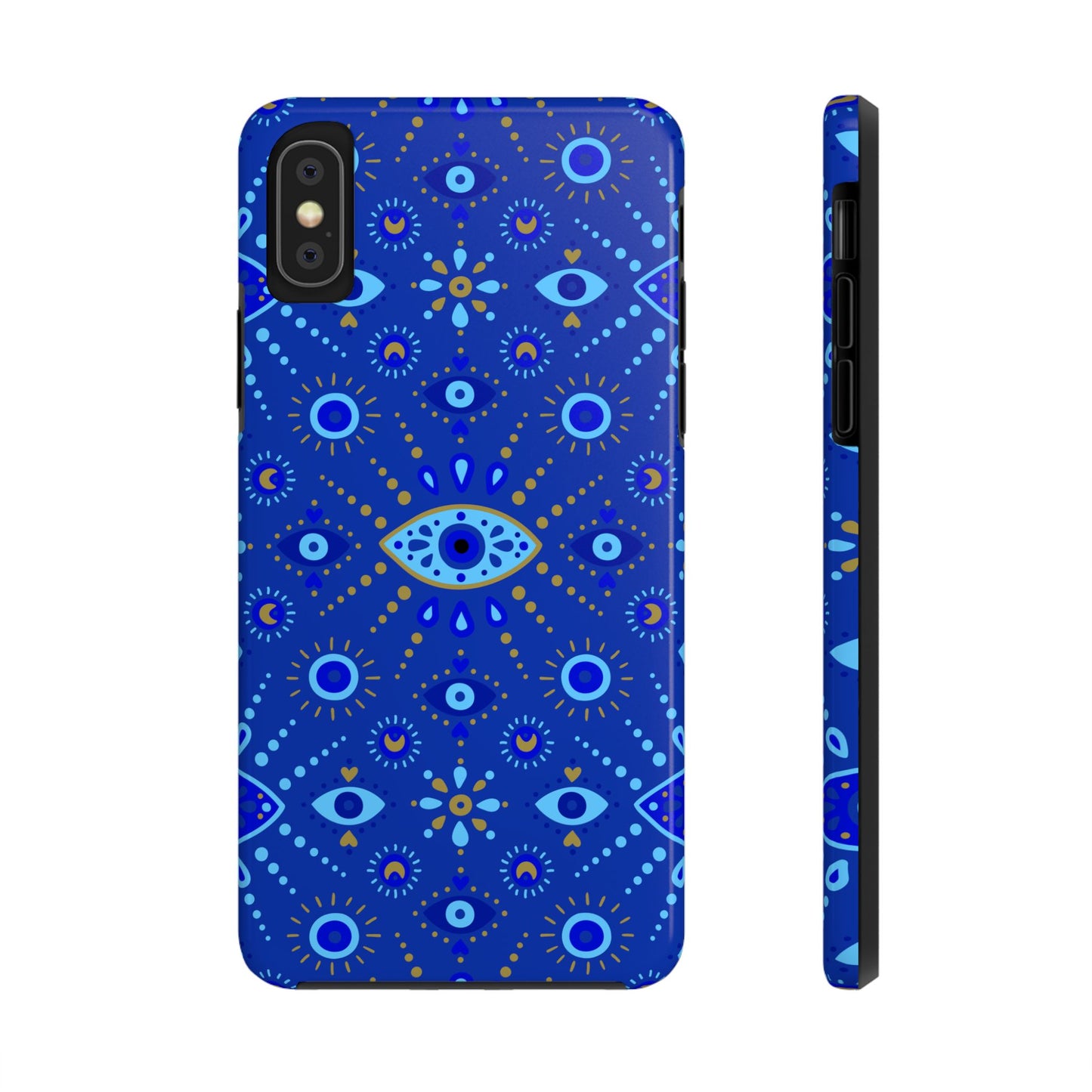 Blue phone case with eye pattern on a white background
