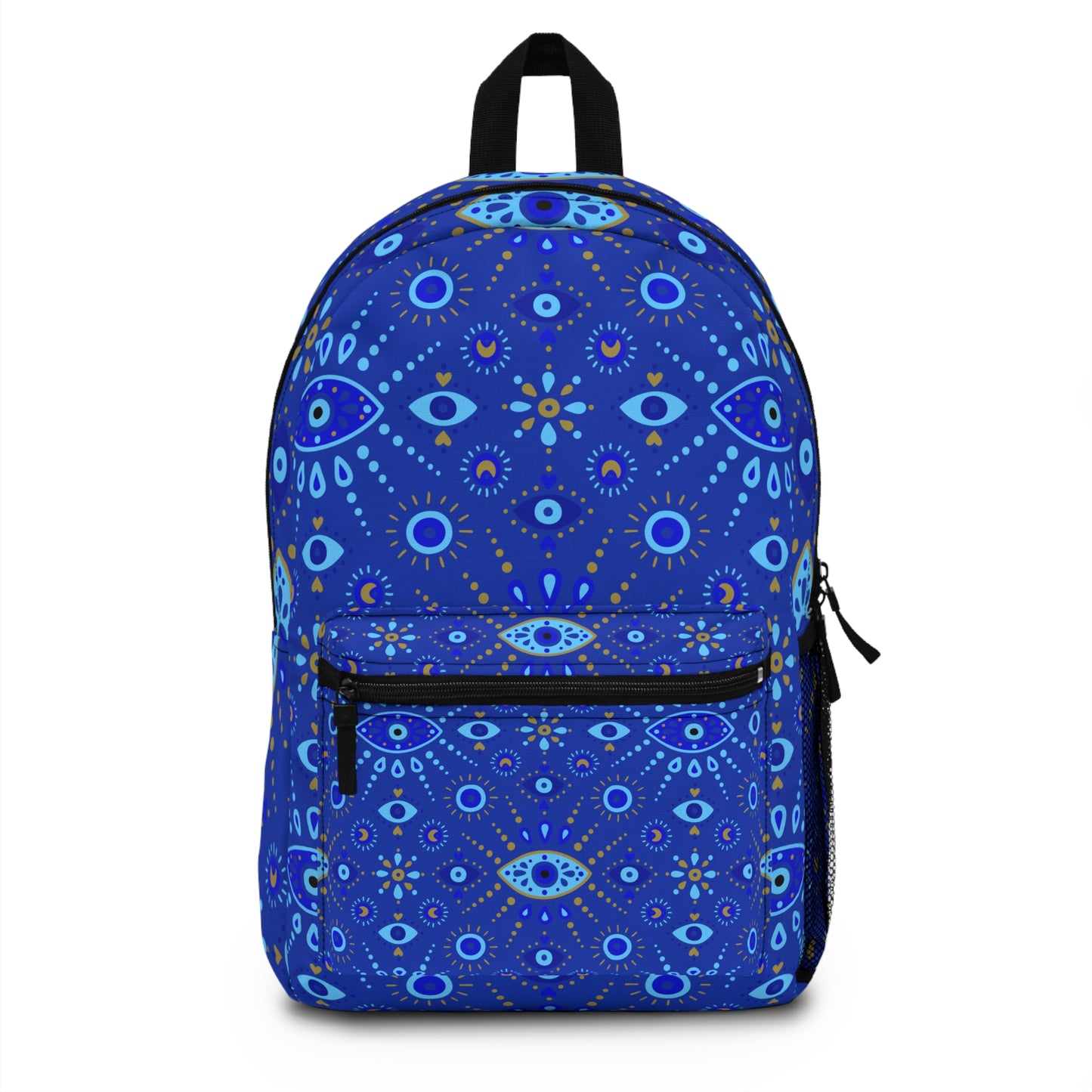 Blue backpack with decorative patterns on a white background