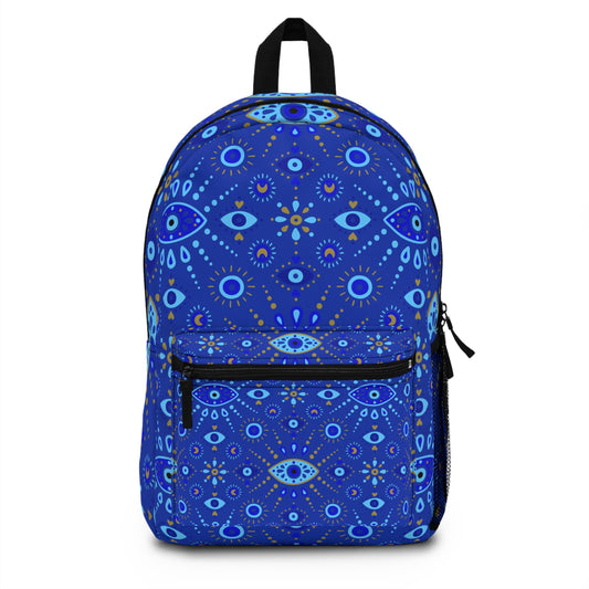Blue backpack with decorative patterns on a white background