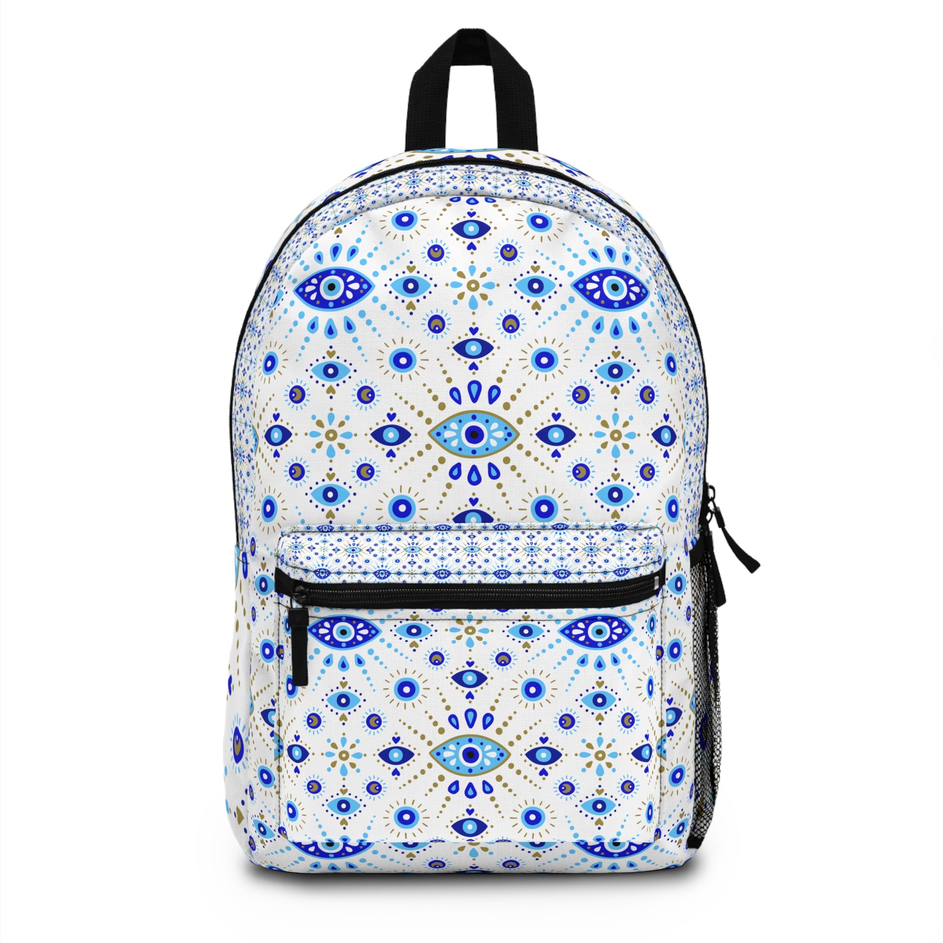 Backpack with blue and white pattern on a white background