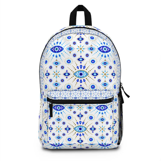 Backpack with blue and white pattern on a white background