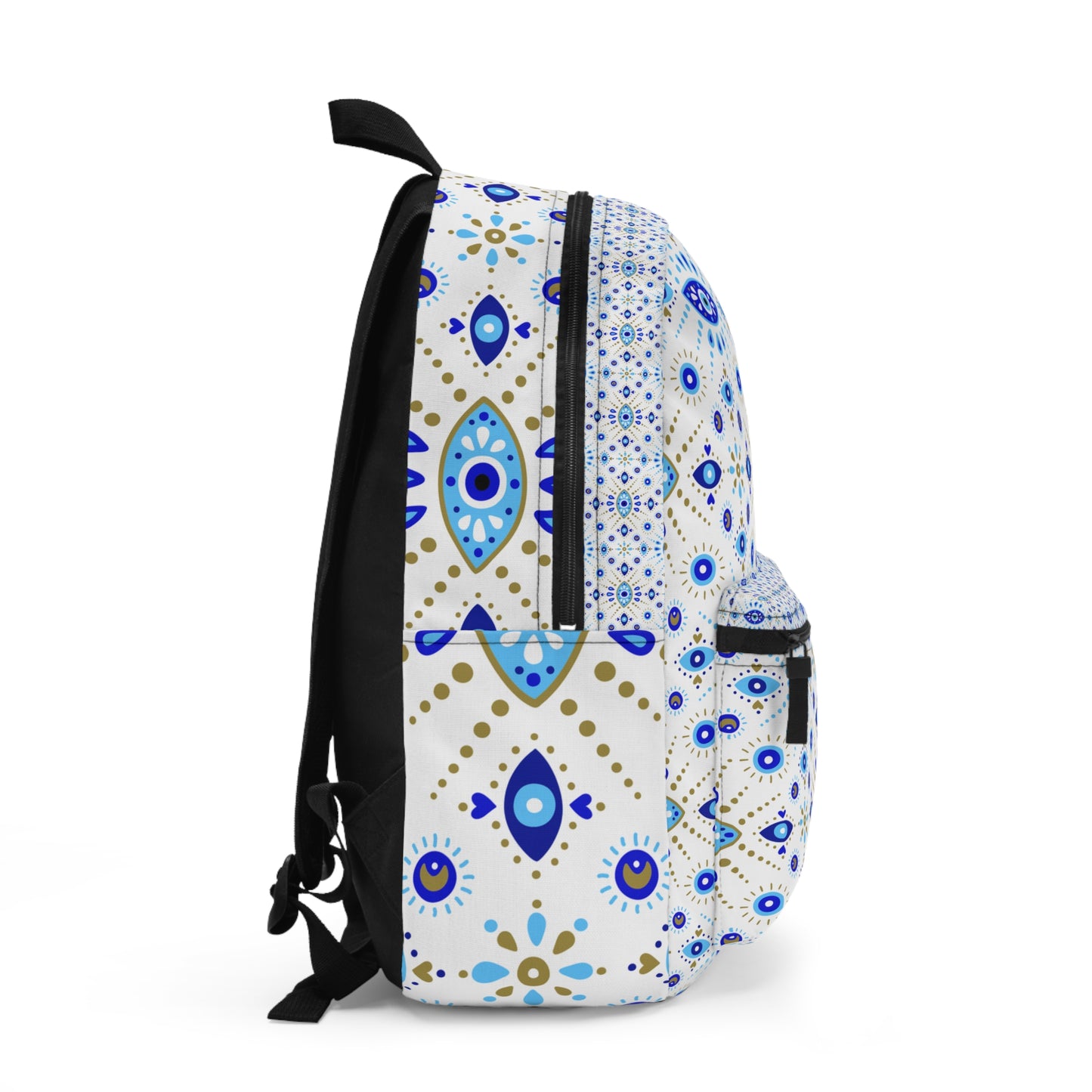 Backpack with blue and gold pattern on a white background