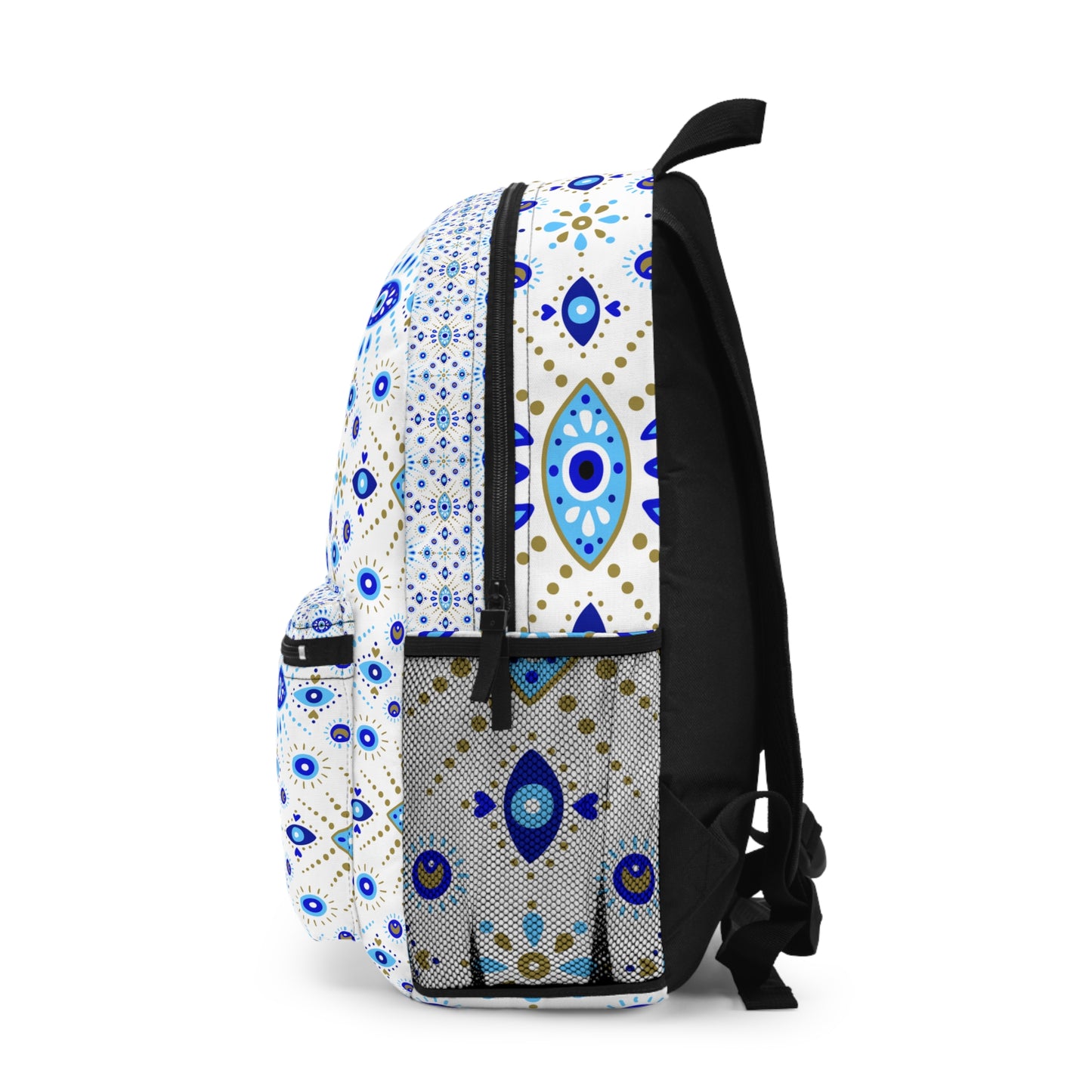 Backpack with a blue and white pattern on a white background