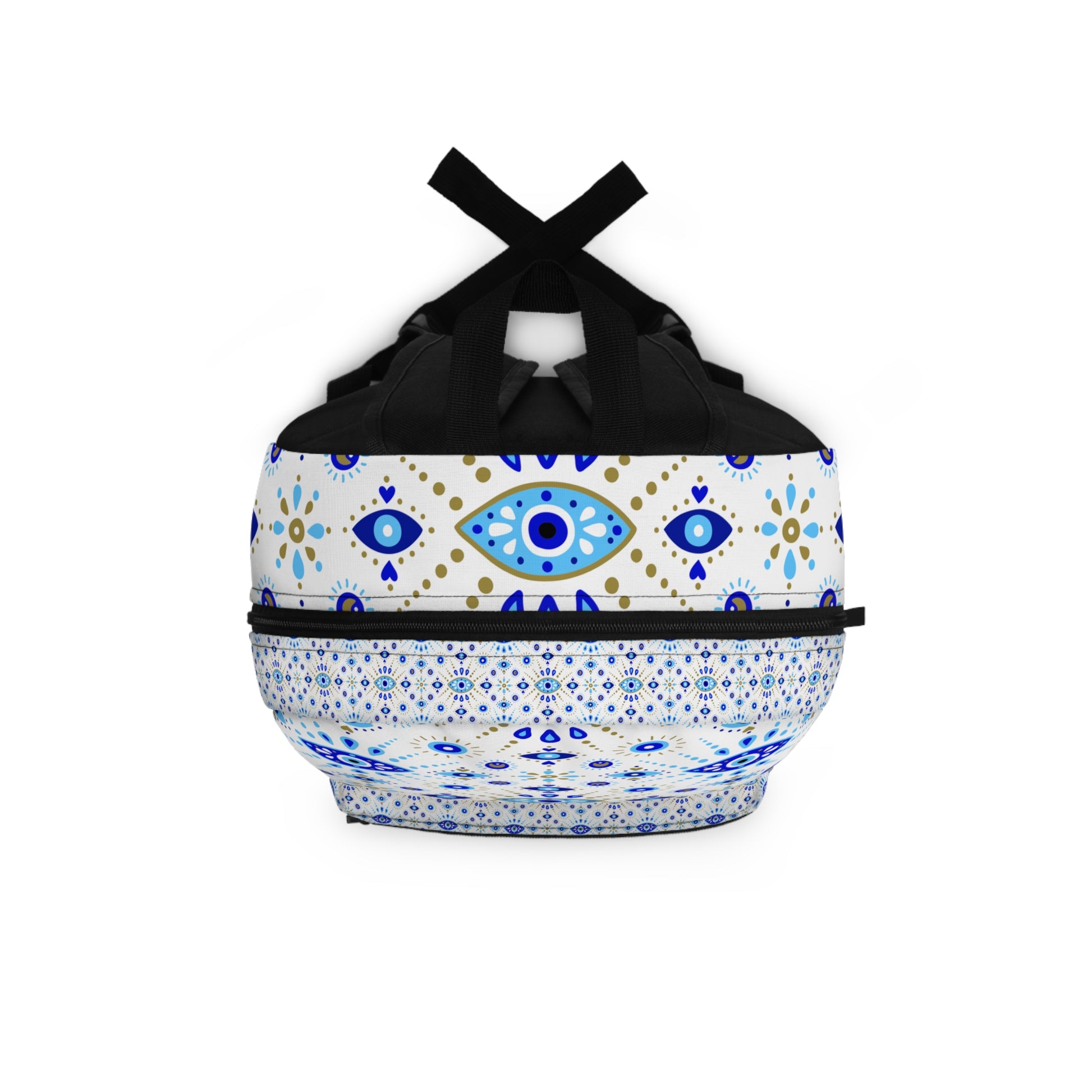 Round bag with blue and gold pattern on a white background