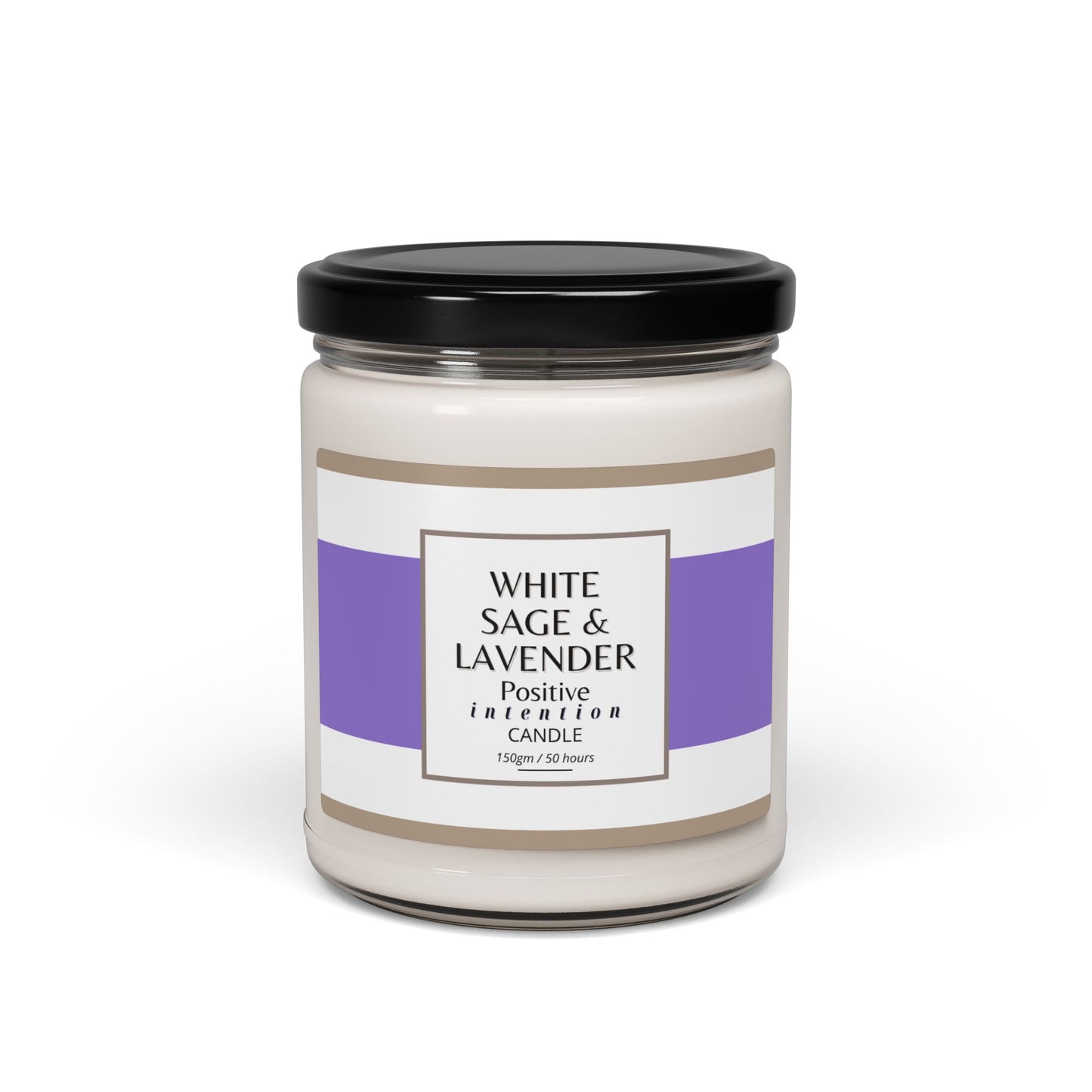 White candle jar with a black lid and a label on a white background