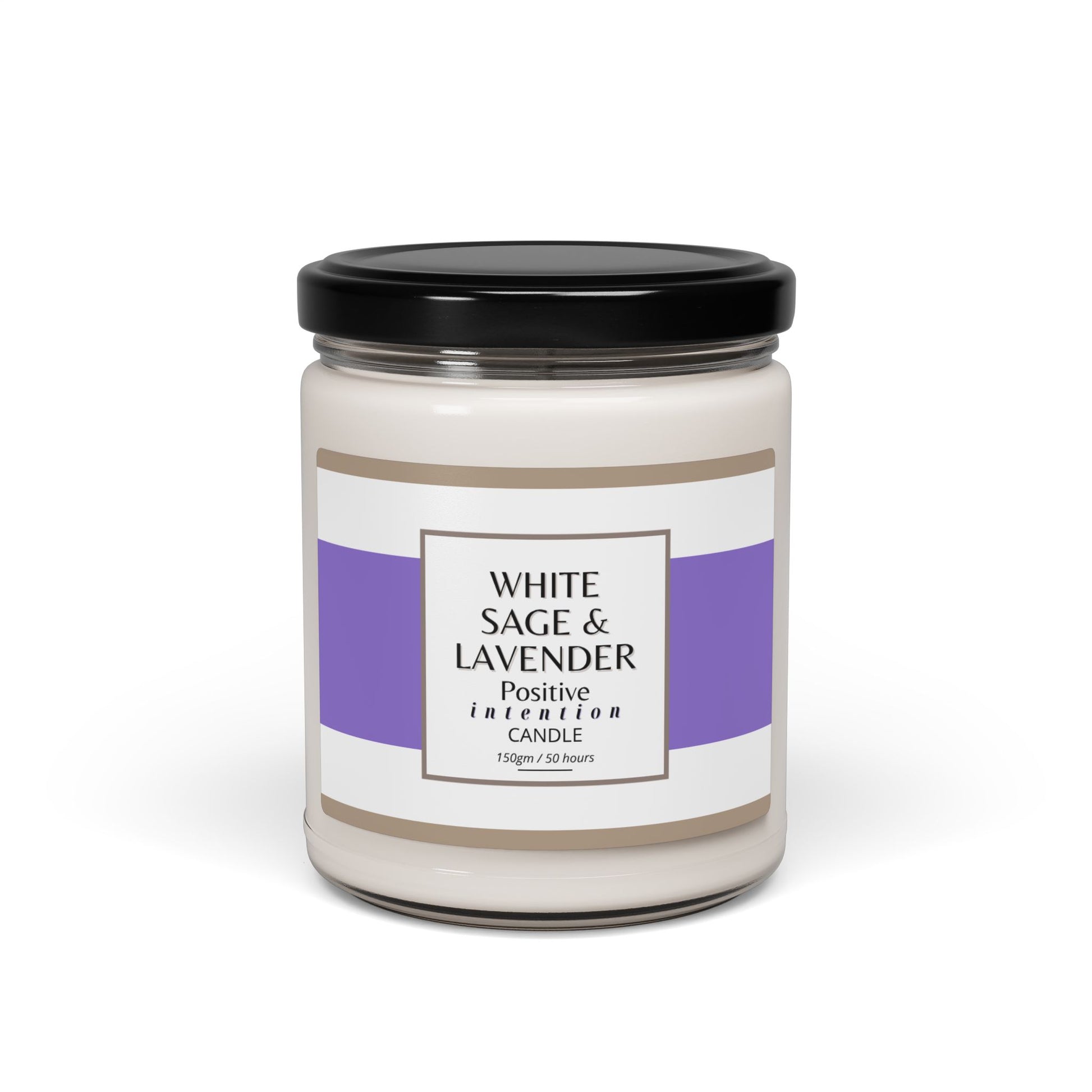 White candle jar with a black lid and a label on a white background