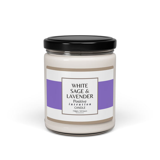 White candle jar with a black lid and a label on a white background