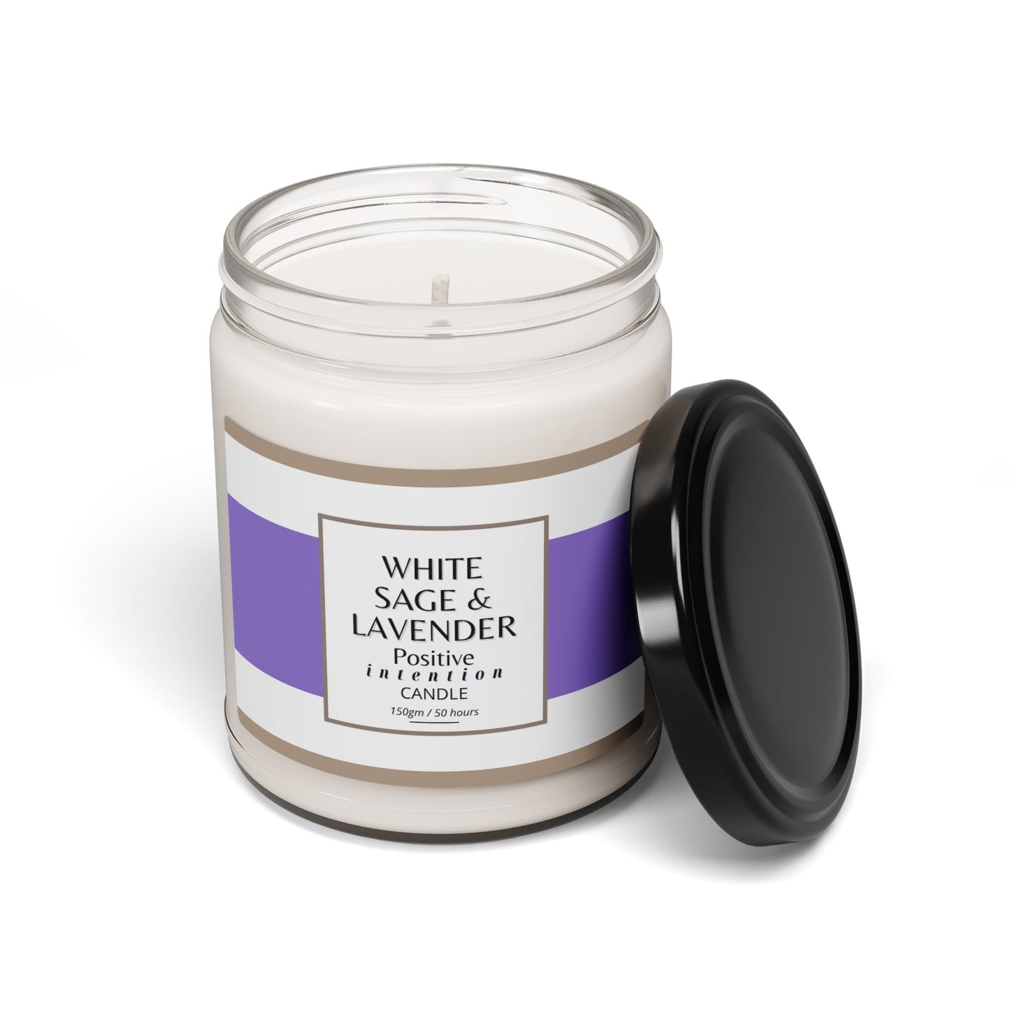 White sage and lavender candle with a purple label on a white background