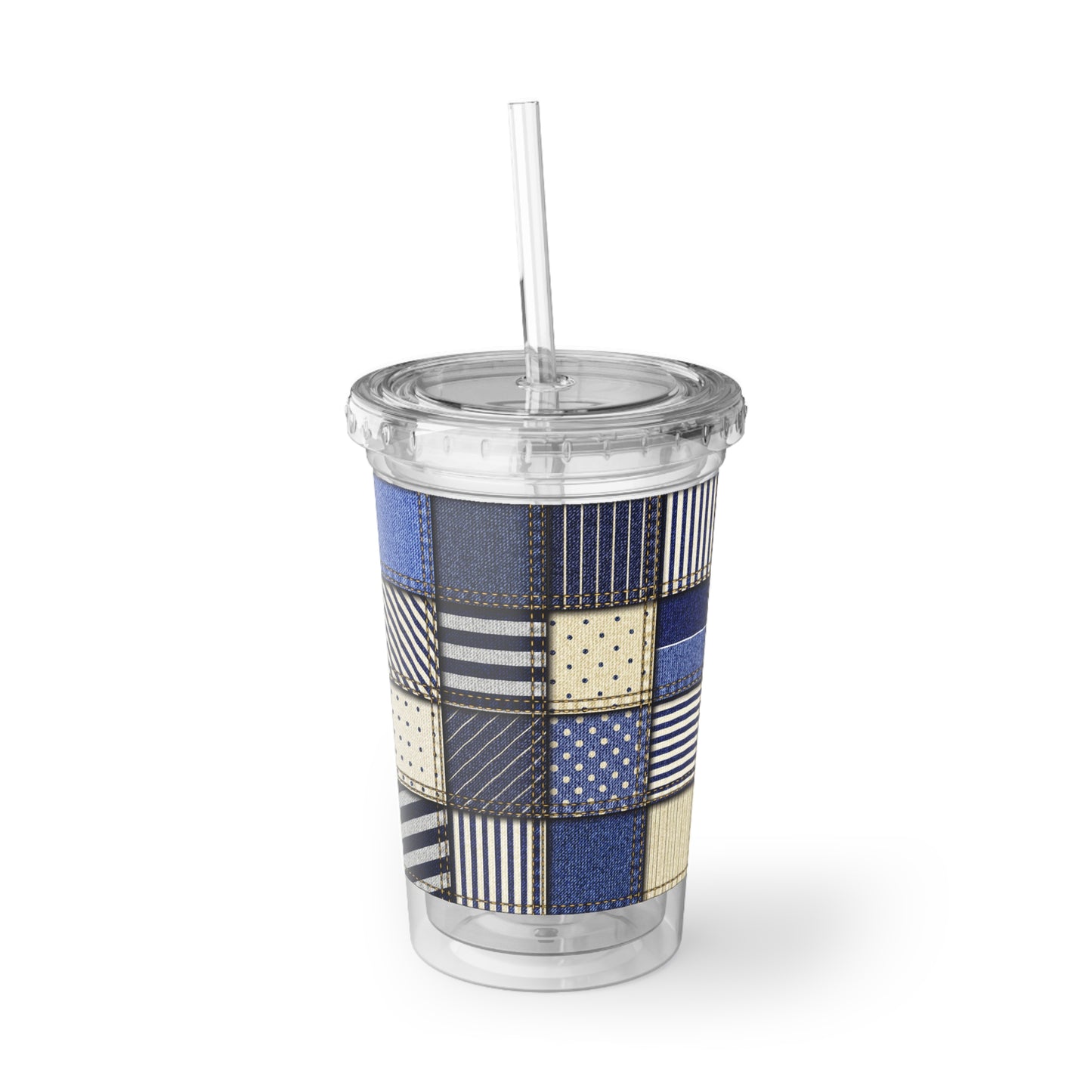 Clear tumbler with a patterned sleeve on a white background