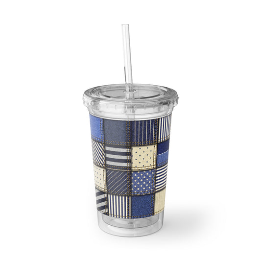 Clear tumbler with a patterned sleeve on a white background