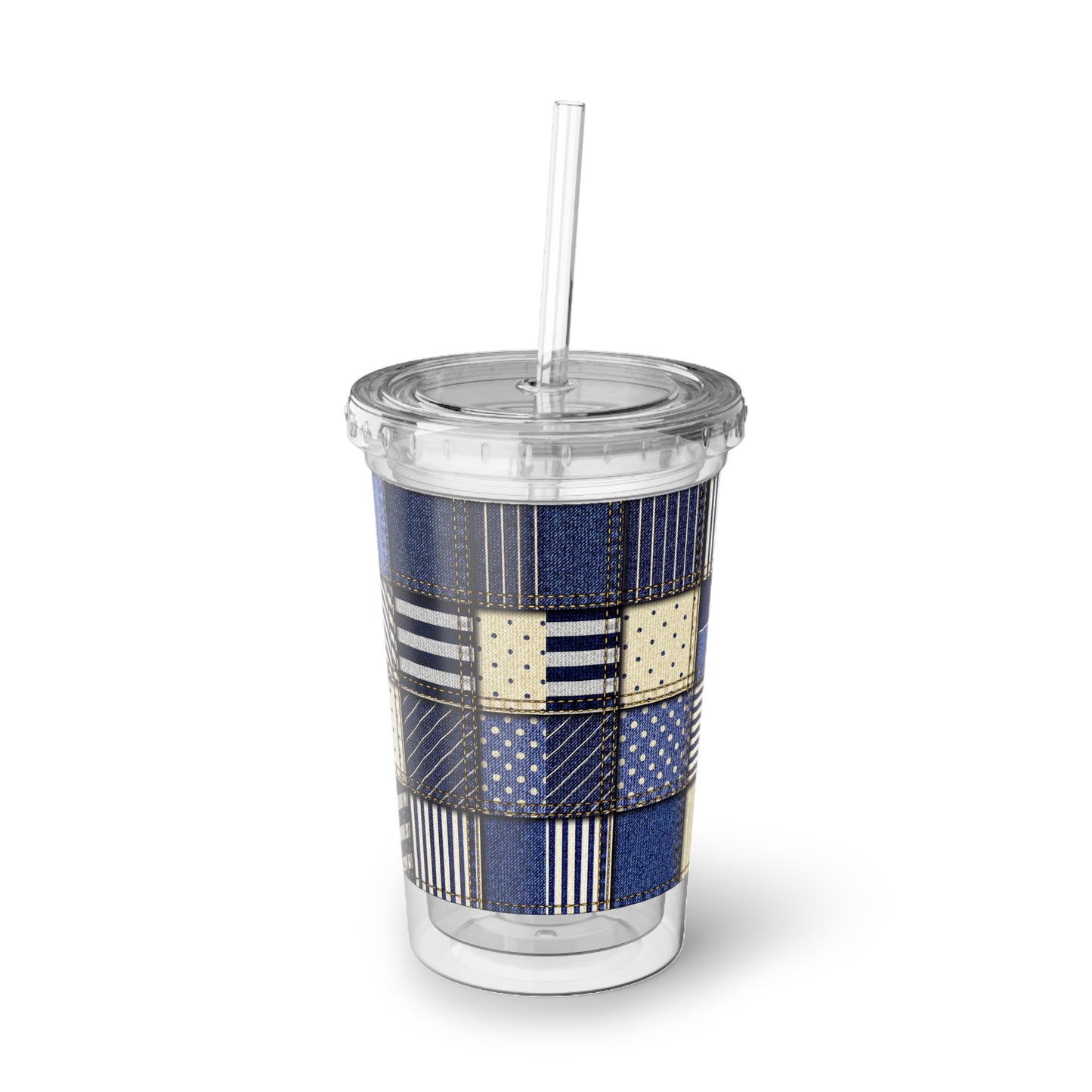 Clear tumbler with patterned sleeve and straw on a white background