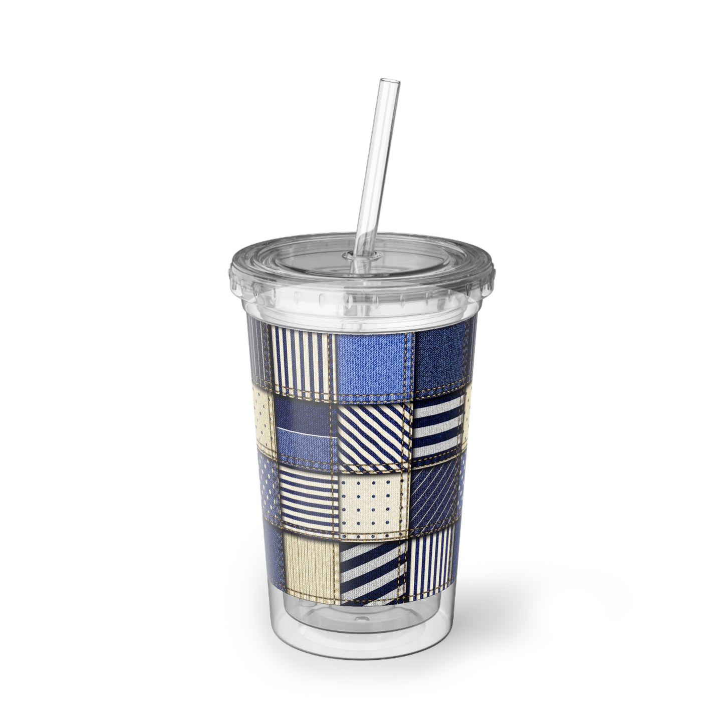 Clear tumbler with a patterned sleeve and straw on a white background