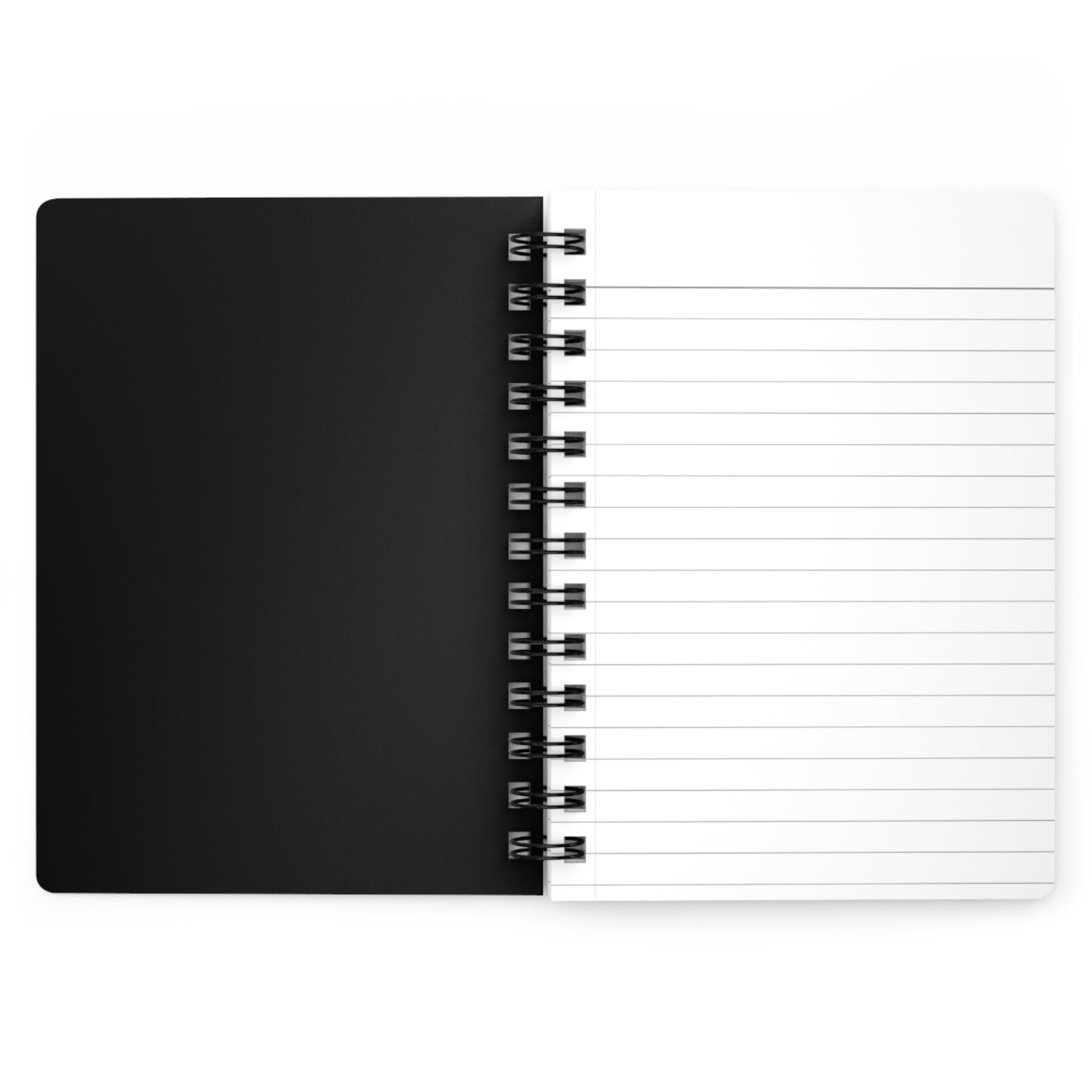 Open spiral-bound lined journal with white pages, ideal for writing and note-taking