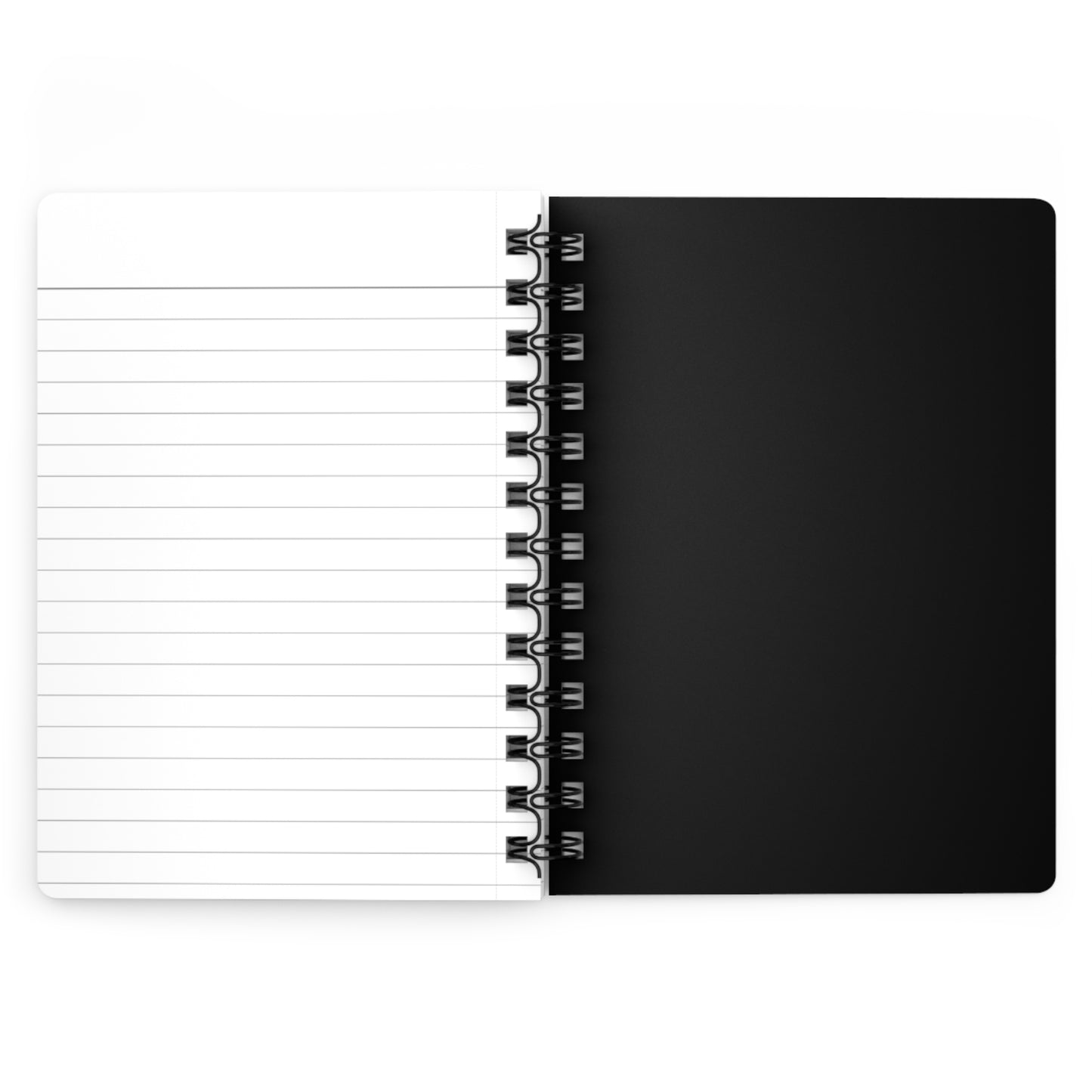 Open spiral-bound lined journal with white pages, ideal for writing and note-taking