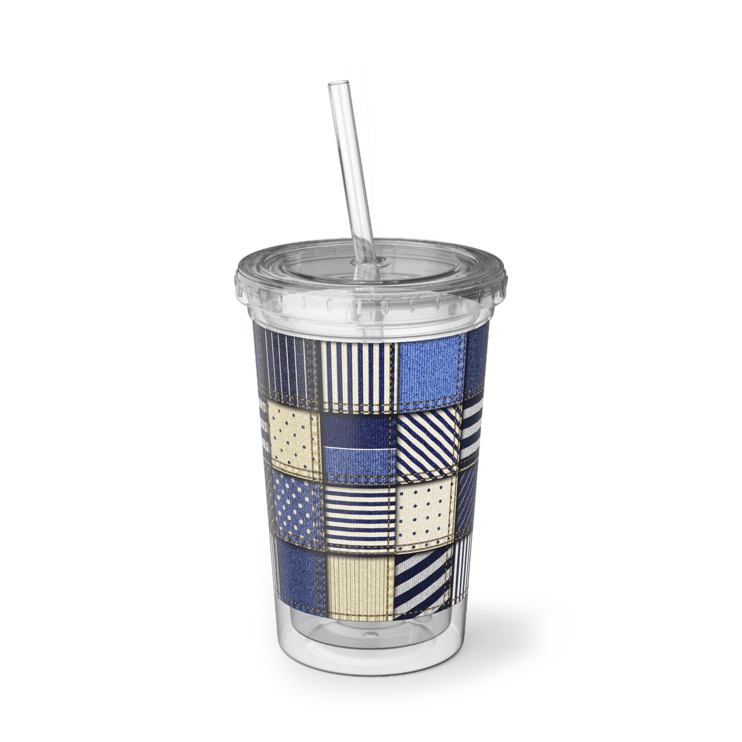 Clear tumbler with a patterned sleeve and straw on a white background