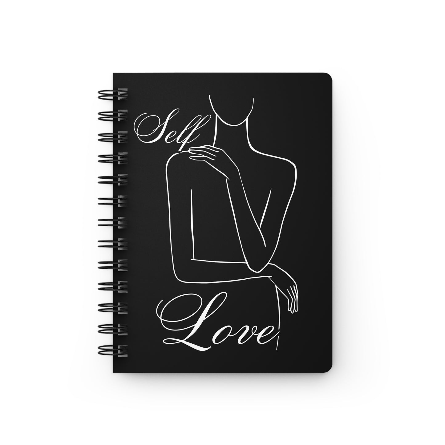 "Black spiral journal set with minimalist white line art of feminine figures and self-care quotes"