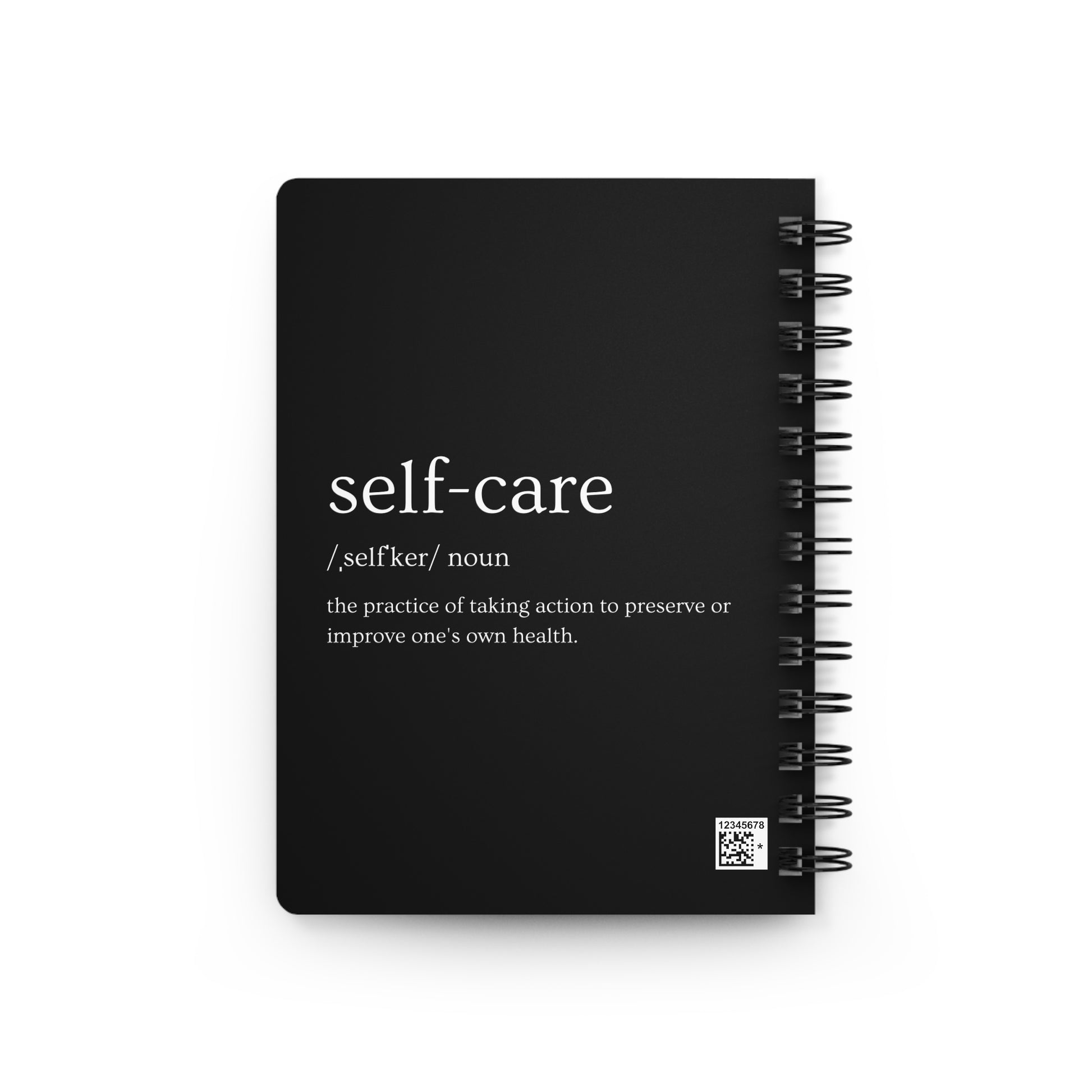 Black spiral journal set with minimalist white line art of feminine figures and self-care quotes