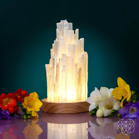 Crystal lamp with a wooden base on a reflective surface with flowers around it.